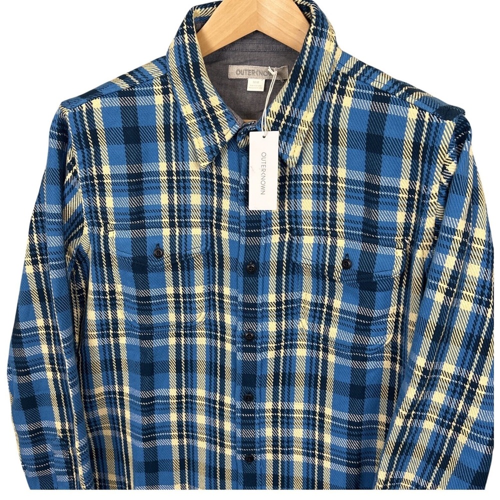 Outerknown Mens Medium Blanket Shirt Blue Yellow Plaid Flannel NEW
